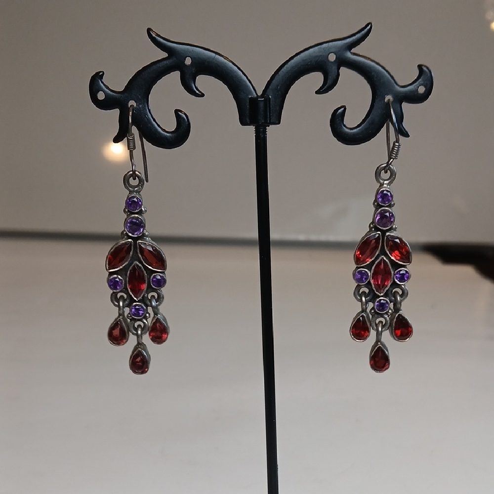 💜 Amethyst Garnet Dangle Earrings Sterling Silver Whimsigoth